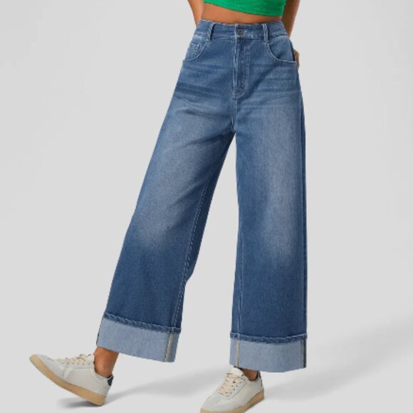 Halara Flex High Waisted Pockets Rolled Hem Wide Leg Washed Casual Jeans Size XS - Picture 1 of 10